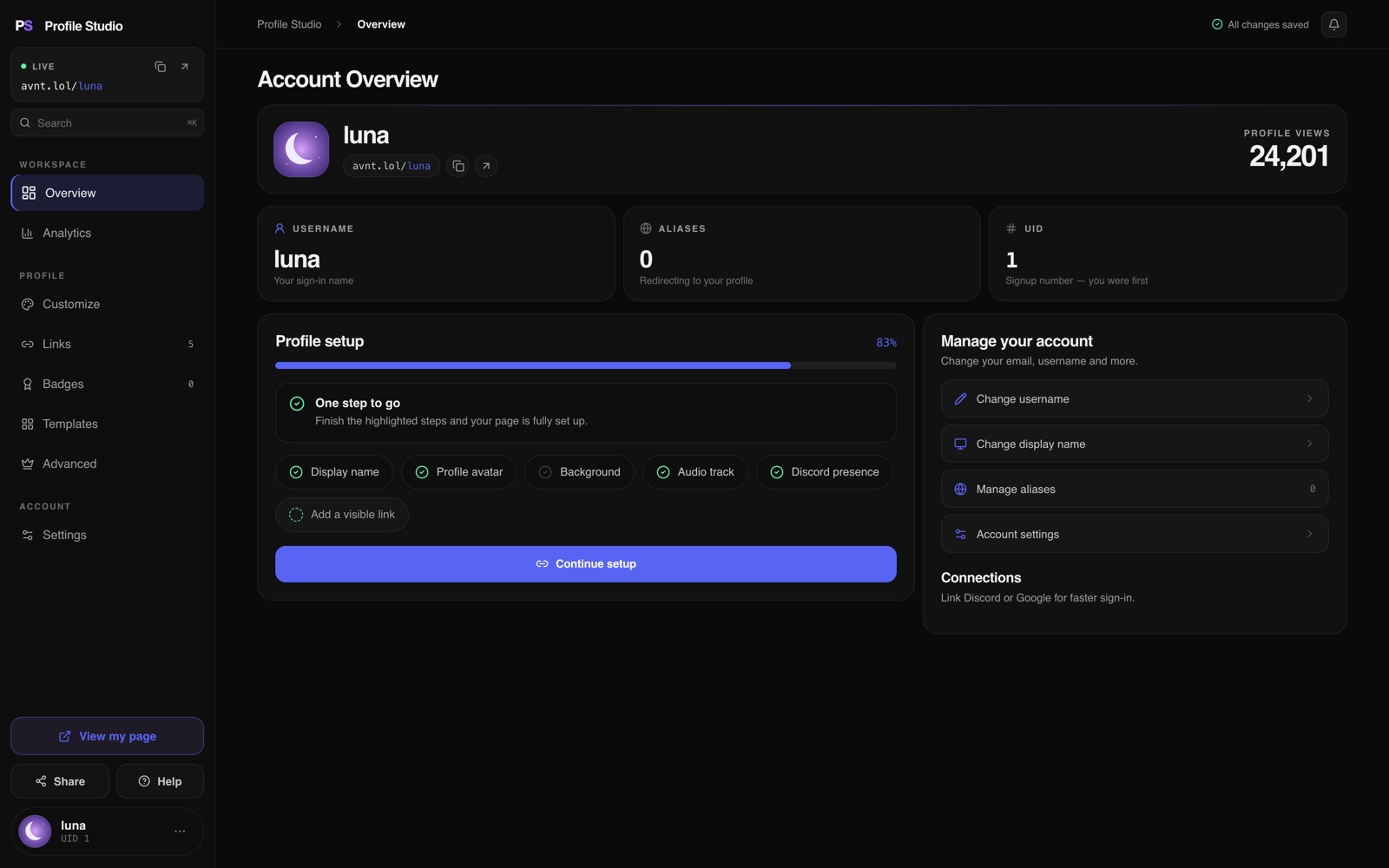 The Profile Studio dashboard — account overview with live page link, setup progress and views