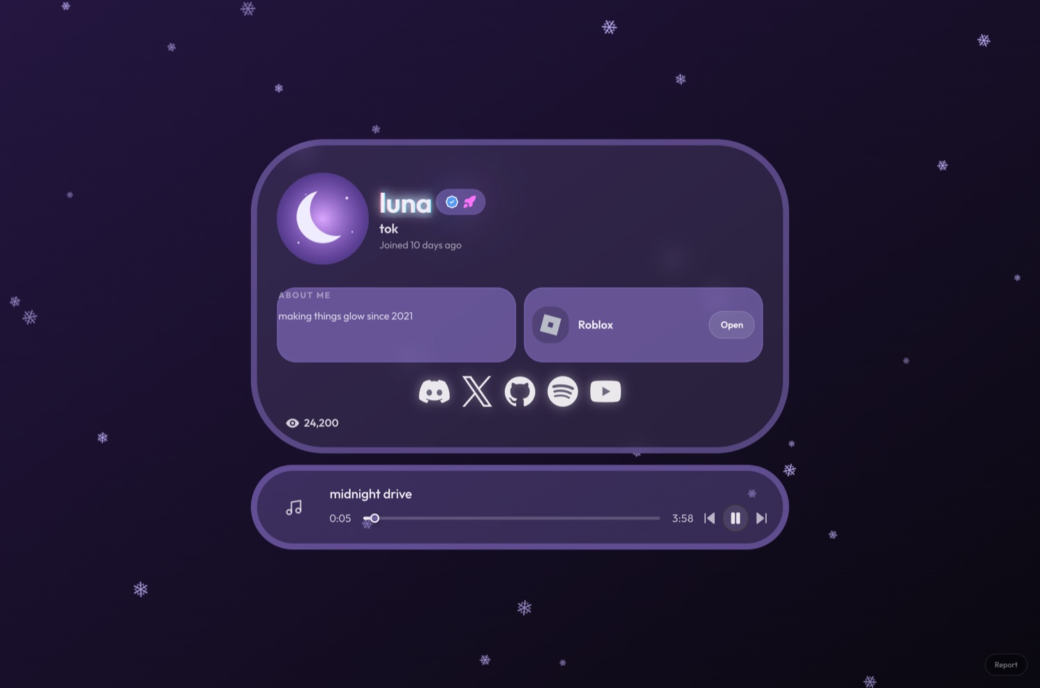 A live profile page — glowing username, badges, socials and an audio player on a violet night theme